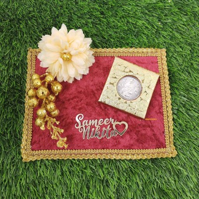 Gold/Silver Coin Shagun Gift Tray With Bride & Groom Names - Red