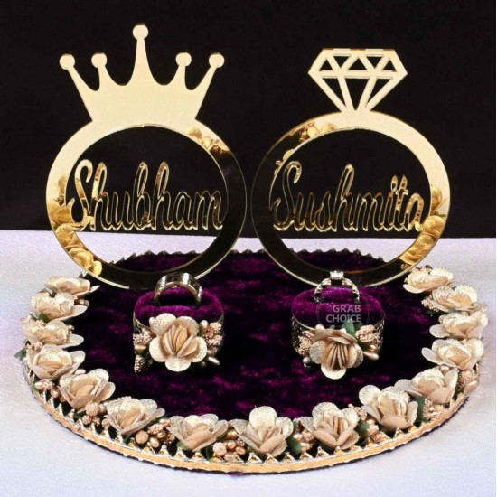 Personalized Engagement Ring Platter with Bride And Groom Names (Wine Purple)